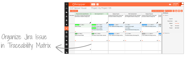 qmsWrapper Traceability Matrix displaying Jira issues linked to CE Technical File and Design Controls